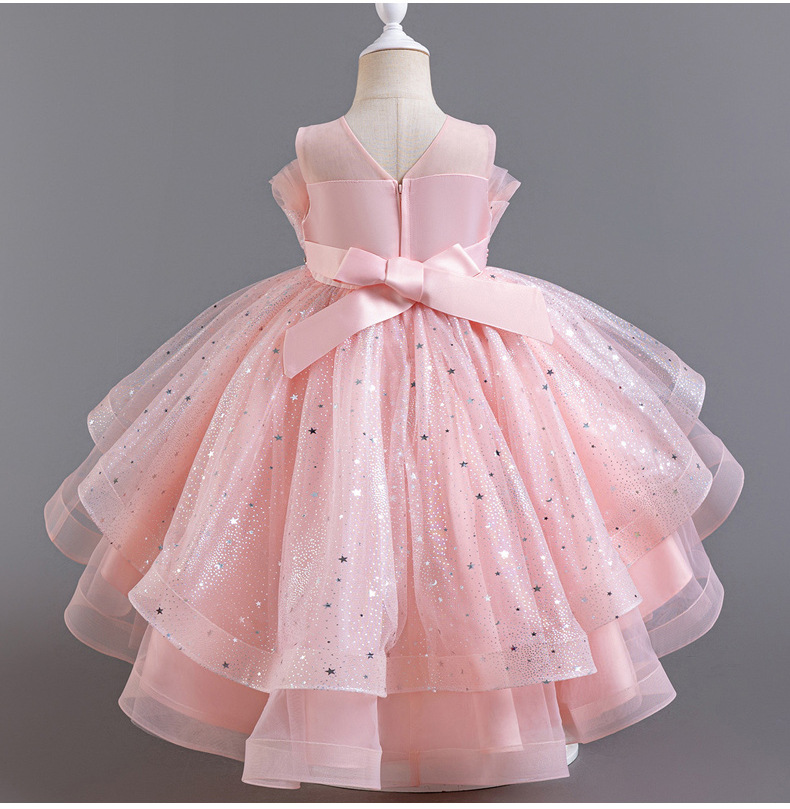 Gd4094- พร้อมส่งจากไทย ชุดออกงานเด็กหญิงสีชมพู และชมพูกลีบบัว สุดสวยหรูดูฟรุ้งฟริ้ง ไหล่ซีทรู ชุดราตรีเด็กทรงหน้าสั้น-หลังยาว แบบเดรสหางปลา