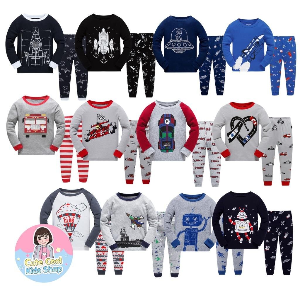 FAB-3 ชุดนอนเด็กผู้ชายแขนยาวขายาว ลายรถ จรวด เครื่องบิน