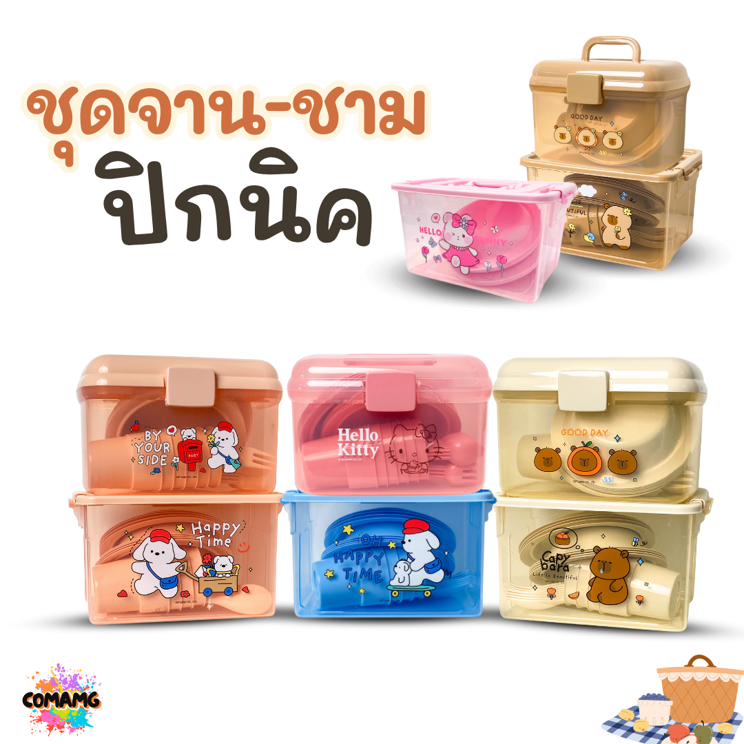 เซ็ตจานชามปิคนิค ชุดปิคนิค พร้อมกล่องใส่หูหิ้วพกพา ลายลิขสิทธิ์แท้