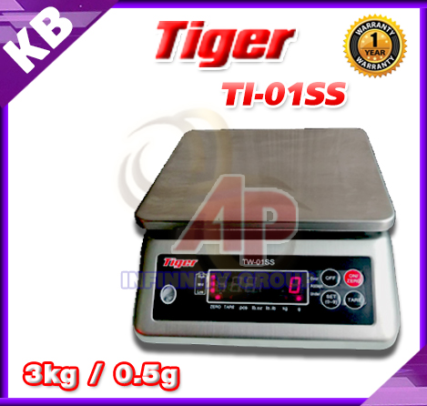 เครื่องชั่งดิจิตอลกันน้ำตั้งโต๊ะ 3Kg เครื่องชั่งกันน้ำ 3kg ตาชั่งสแตนเลส 3kg เครื่องชั่งน้ำหนัก 3kg พิกัด 3kg ความละเอียด 0.5g ยี่ห้อ TIGER รุ่น TW-01SS ผ่านตรวจรับรองจากสำนักงานชั่ง ตวง วัด