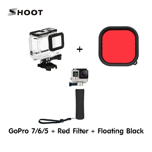 GoPro 7 / 6 / 5 Waterpoof Housing Case + Red Filter + Floating Black เคสกันน้ำ แถมฟรีฟิลเตอร์แดงและทุ่นลอยน้ำดำ