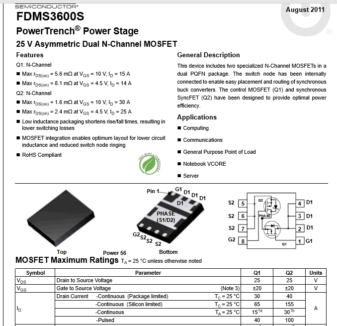 FDMS3600S FDMS3600 220A N 22OA Dual N-CH Mosfet แทน QA3118M AONY 36352