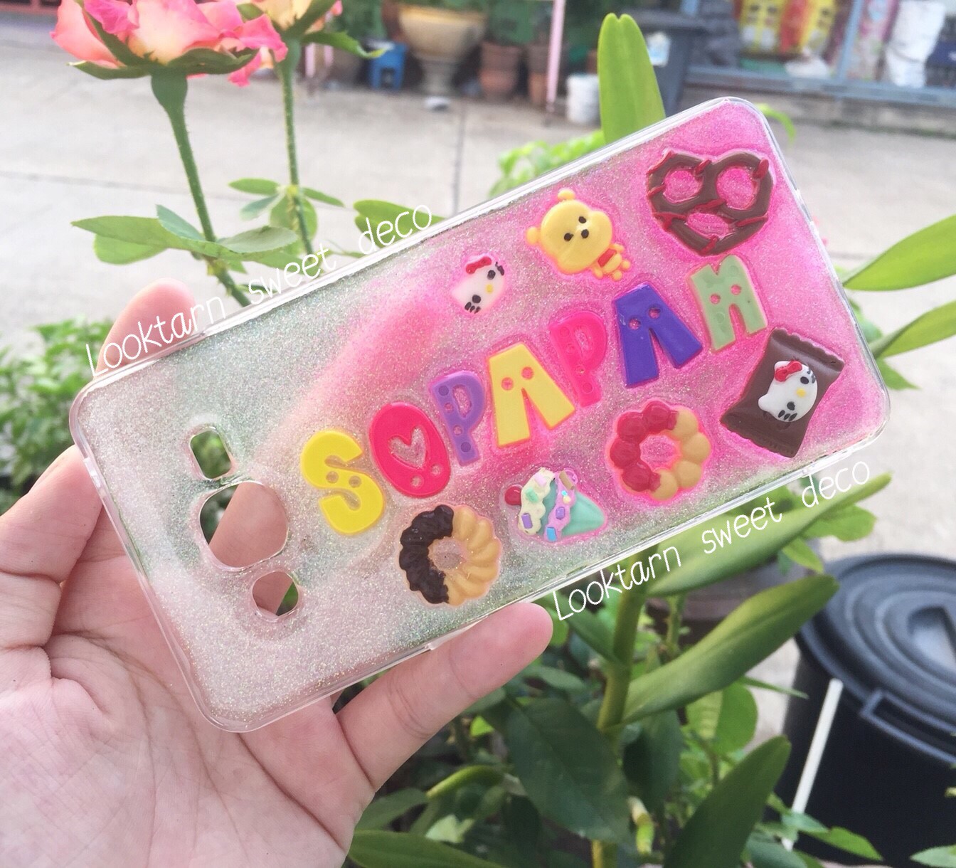 เคสกากเพชรขาว ชมพู อักษรคละสี