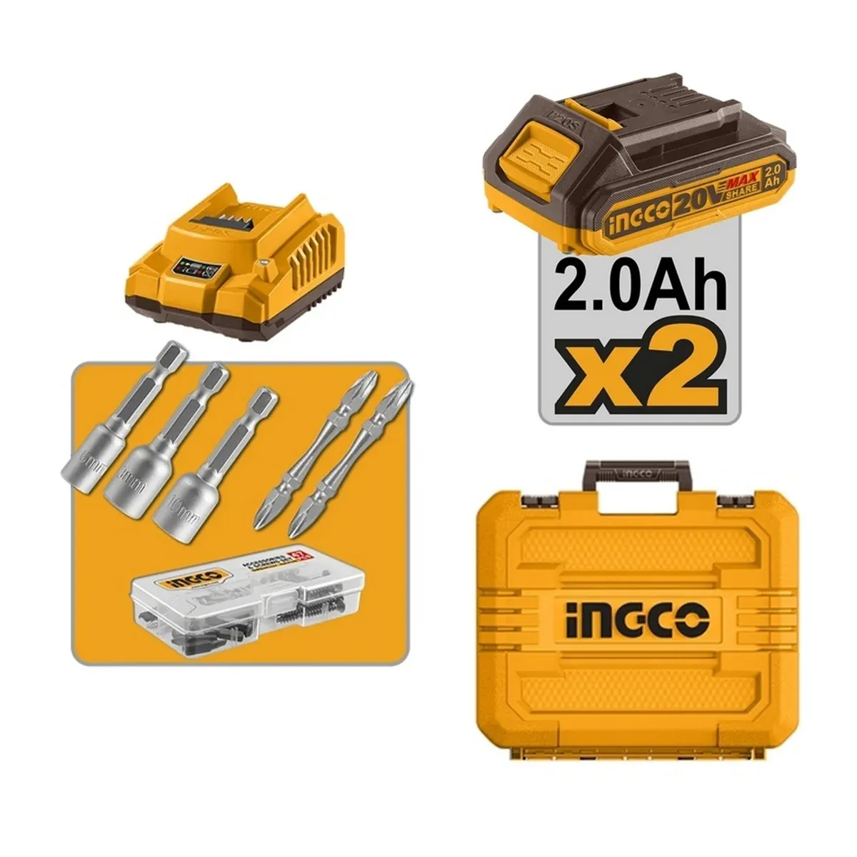 INGCO ชุดสว่านกระแทกไร้สาย 66NM+ไขควงกระแทก 285NM [CKLI20277]