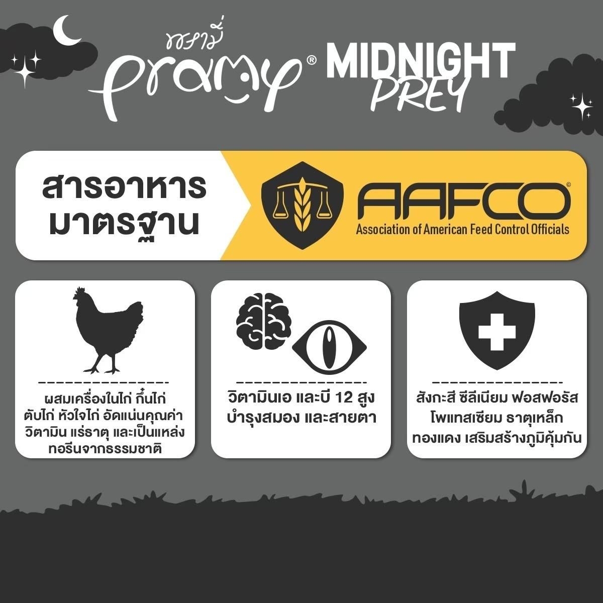 Pramy Midnight Prey [12 ซอง] อาหารเปียกแมวพรามี่ สูตร Complete & Balanced โปรตีนสูง เนื้อสัตว์เน้นๆ ช่วยบำรุงสุขภาพ ขนาด80กรัม/80g