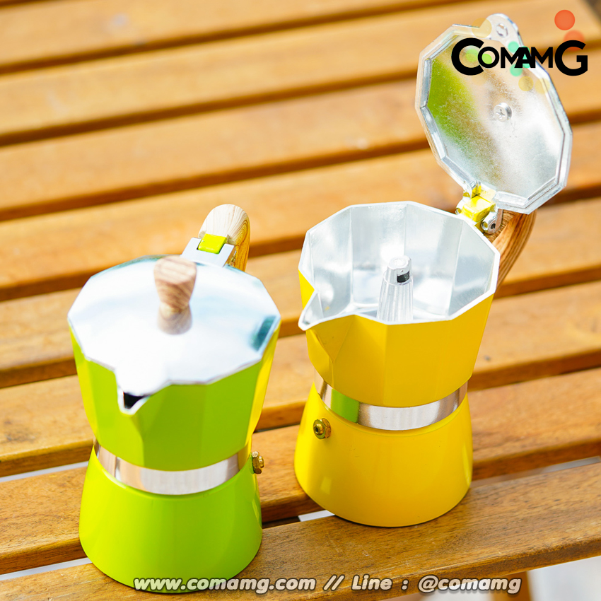 หม้อต้มกาแฟ Moka Pot กาต้มกาแฟสดพกพา รุ่นหูจับลายไม้ มีให้เลือกหลายสี