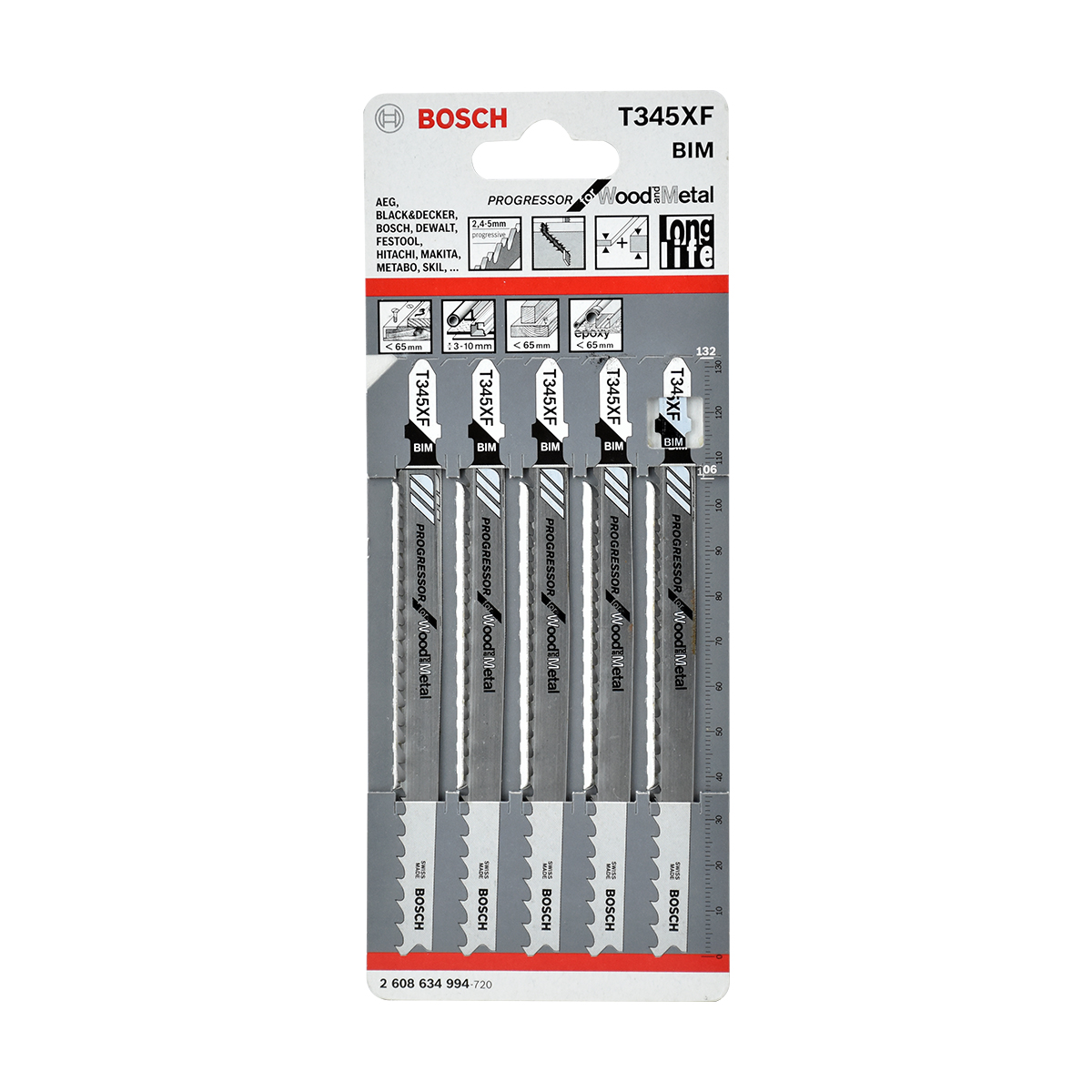 BOSCH ใบเลื่อยฉลุ ไม้,เหล็ก (T 345XF) (5 ใบ/แพค) [2608634994]