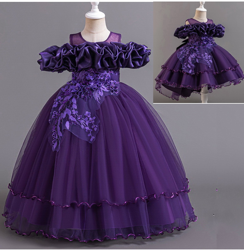 Gd4300- พร้อมส่งจากไทย ชุดออกงานเด็กหญิงสีม่วงเข้ม แขนสวยทรงสวยสุดน่ารัก ชุดราตรีเด็กทรงสั้น และทรงหน้าสั้น-หลังยาว