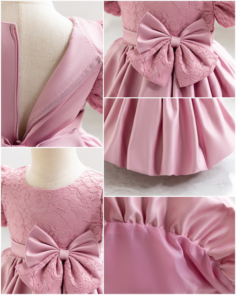 Gd4115- พร้อมส่งจากไทย ชุดออกงานเด็กหญิงสีชมพู สีสวยเหมือนในแบบ เก็บชายเป็นพุ่มสวยเก๋ เนื้อผ้าสุดสวยหรูดุจไหม ชุดราตรีเด็กทรงสั้น มีแขนตุ๊กตา