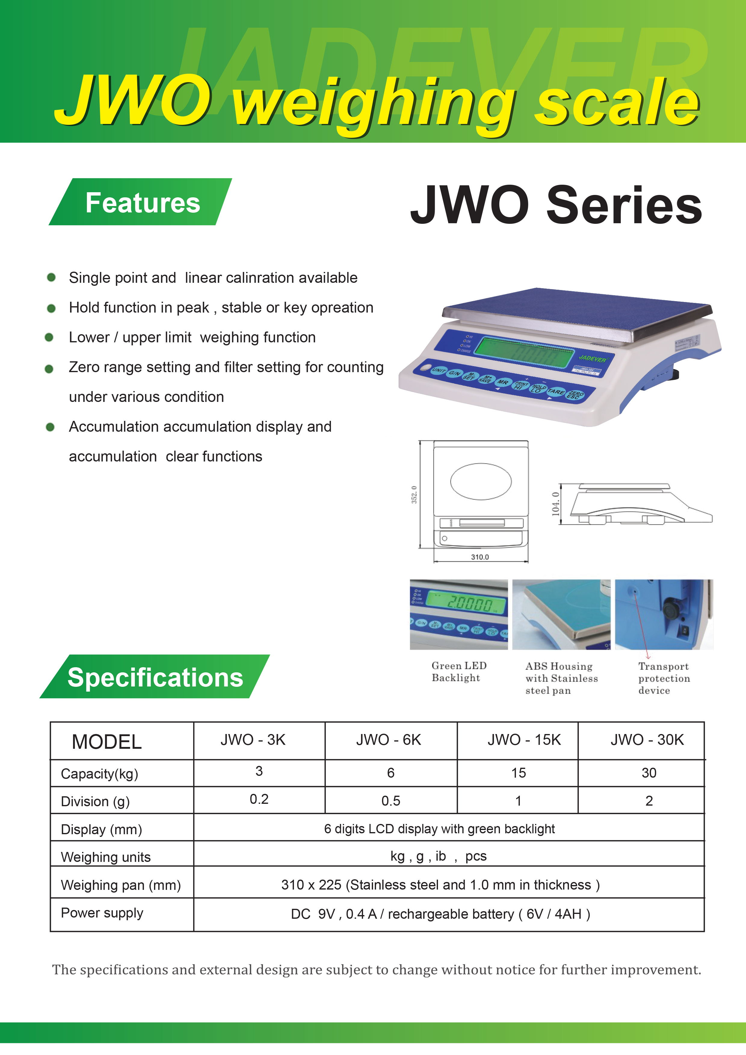 เครื่องชั่ง 15 กิโลกรัม เครื่องชั่งน้ำหนักดิจิตอล เครื่องชั่งดิจิตอล 15 กิโลกรัม เครื่องชั่งน้ำหนัก ตาชั่ง เครื่องชั่งตั้งโต๊ะ 15 กิโลกรัม อ่านค่าความละเอียด 1 กรัม ยี่ห้อ JADEVER รุ่น JWO-SERIES