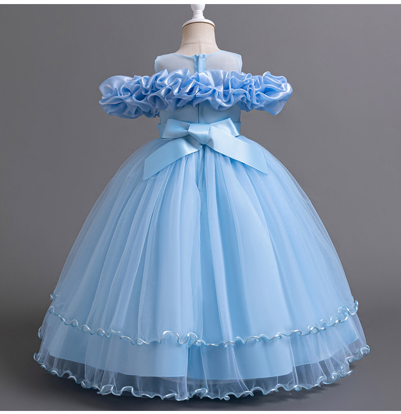 Gd4300- พร้อมส่งจากไทย ชุดออกงานเด็กหญิงสีฟ้า แขนสวยทรงสวยสุดน่ารัก ชุดราตรีเด็กทรงสั้น และทรงหน้าสั้น-หลังยาว