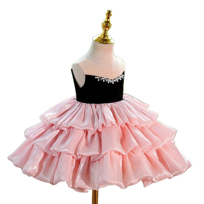 Gd4515- พร้อมส่งจากไทย ชุดออกงานเด็กหญิงสีชมพู-สีดำ ทูโทน สุดสวยหรู ไหล่ซีทรู กระโปรงหลายชั้นฟูสวย โบว์แยกจากชุดได้ ชุดราตรีเด็กทรงสั้น