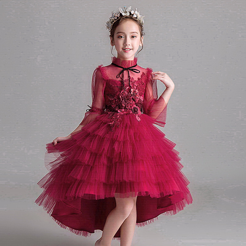 Gd3600- พร้อมส่ง ชุดราตรีเด็กสีแดงเข้ม ชุดออกงานเด็กหญิง แขนยาว ทรงหน้าสั่น-หลังยาวพองฟูสวยหรู แนววินเทจผู้ดีอังกฤษ