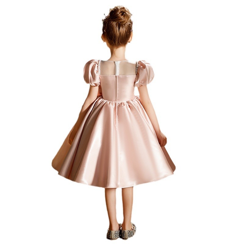 Gd4510- พร้อมส่งจากไทย ชุดออกงานเด็กหญิงสีชมพู แขนตุ๊กตาร้อยมุกสุดหรูหรา ติดโบว์แยกจากชุดได้ ผ้าสวยหรูหราดุจไหม เด็กเล็ก-เด็กโต ชุดราตรีเด็กทรงสั้น