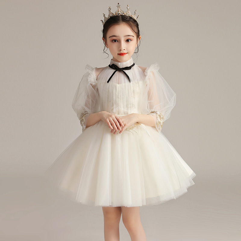 Gd4007- พร้อมส่งจากไทย ชุดราตรีเด็กสีขาว ชุดออกงานเด็กหญิง ทรงสั้น แขนยาว สวยเก๋มีสไตล์ดูดี
