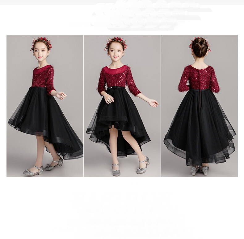 Gd3549- พร้อมส่งจากไทย ชุดออกงานเด็กหญิงสีแดง กระโปรงสีดำ ชุดราตรีเด็ก ทรงหน้าสั้นหลังยาวแบบเดรสหางปลา