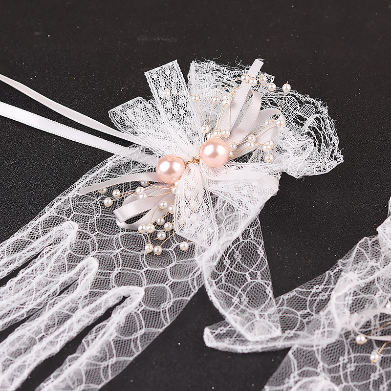 GL1130- พร้อมส่งจากไทย ถุงมือออกงานสีขาว ประดับมุก ถุงมือเจ้าสาวสุดหรู สวยหวาน ใช้ได้ตั้งแต่เด็กโต หรือผู้ใหญ่