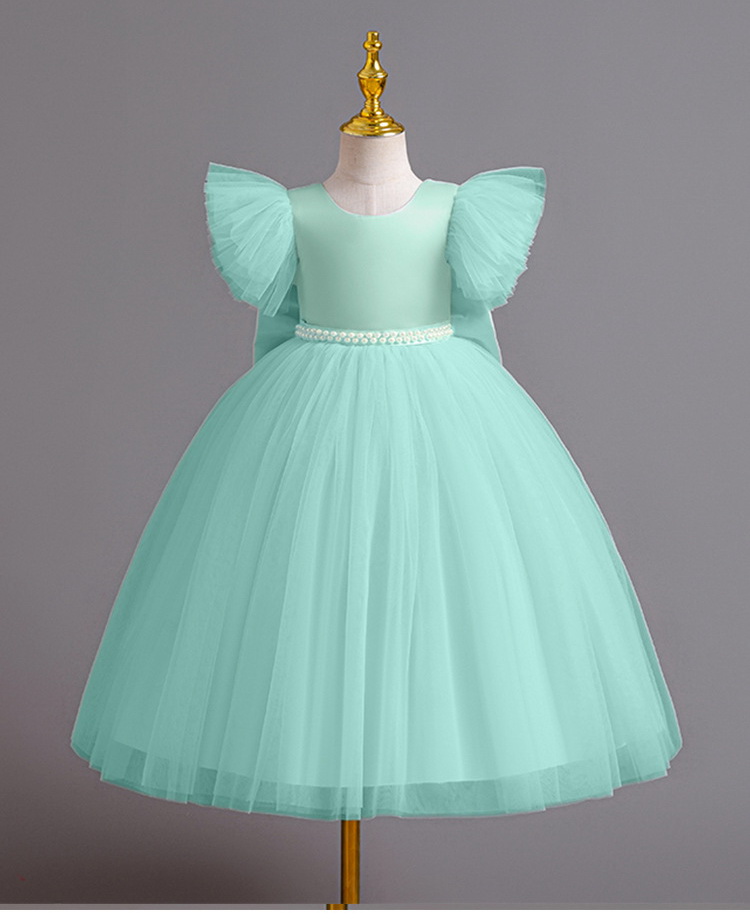 Gd4209- พร้อมส่งจากไทย ชุดออกงานเด็กหญิงสีเขียว เอวคาดมุกสวย โบว์ใหญ่ด้านหลังถอดได้ ชุดราตรีเด็กทรงยาว ชุดออกงานการแสดง