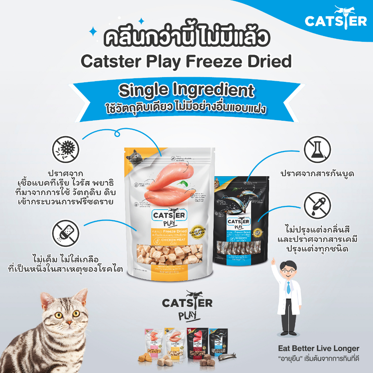 Catster Play ขนมแมว ท็อปปิ้งฟรีซดรายแมว 40Gx6ซอง