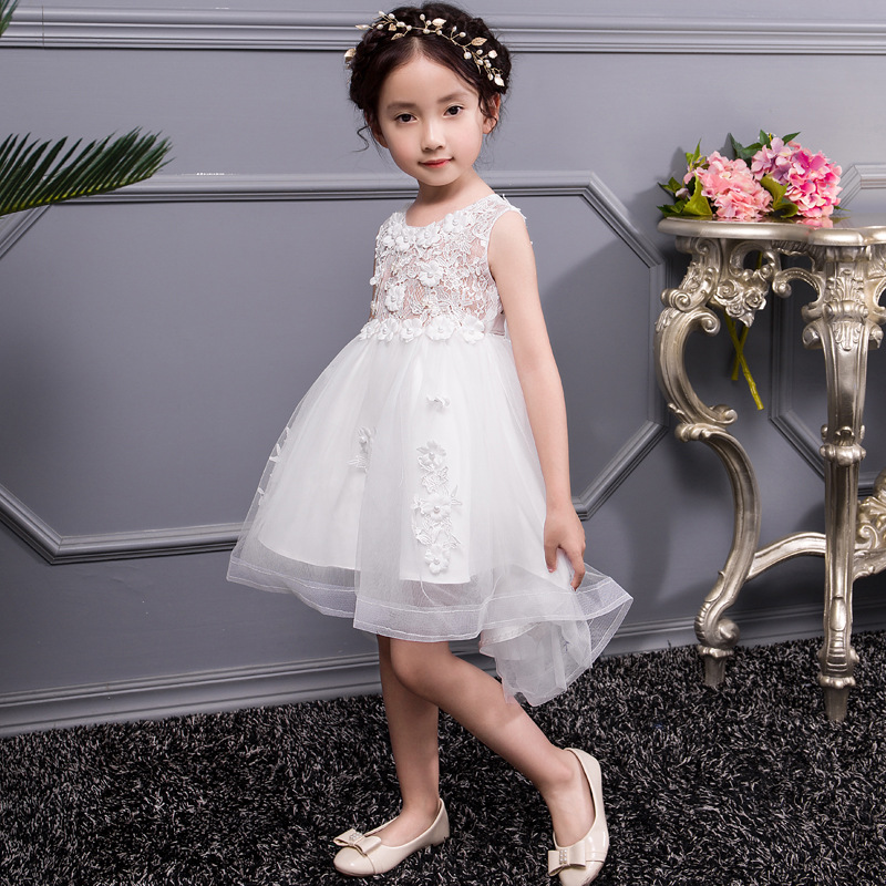 Gd30566 พร้อมส่ง ชุดราตรีเด็กสีขาว ชุดเดรสออกงานเด็กหญิง ทรงหน้าสั้น-หลังยาว