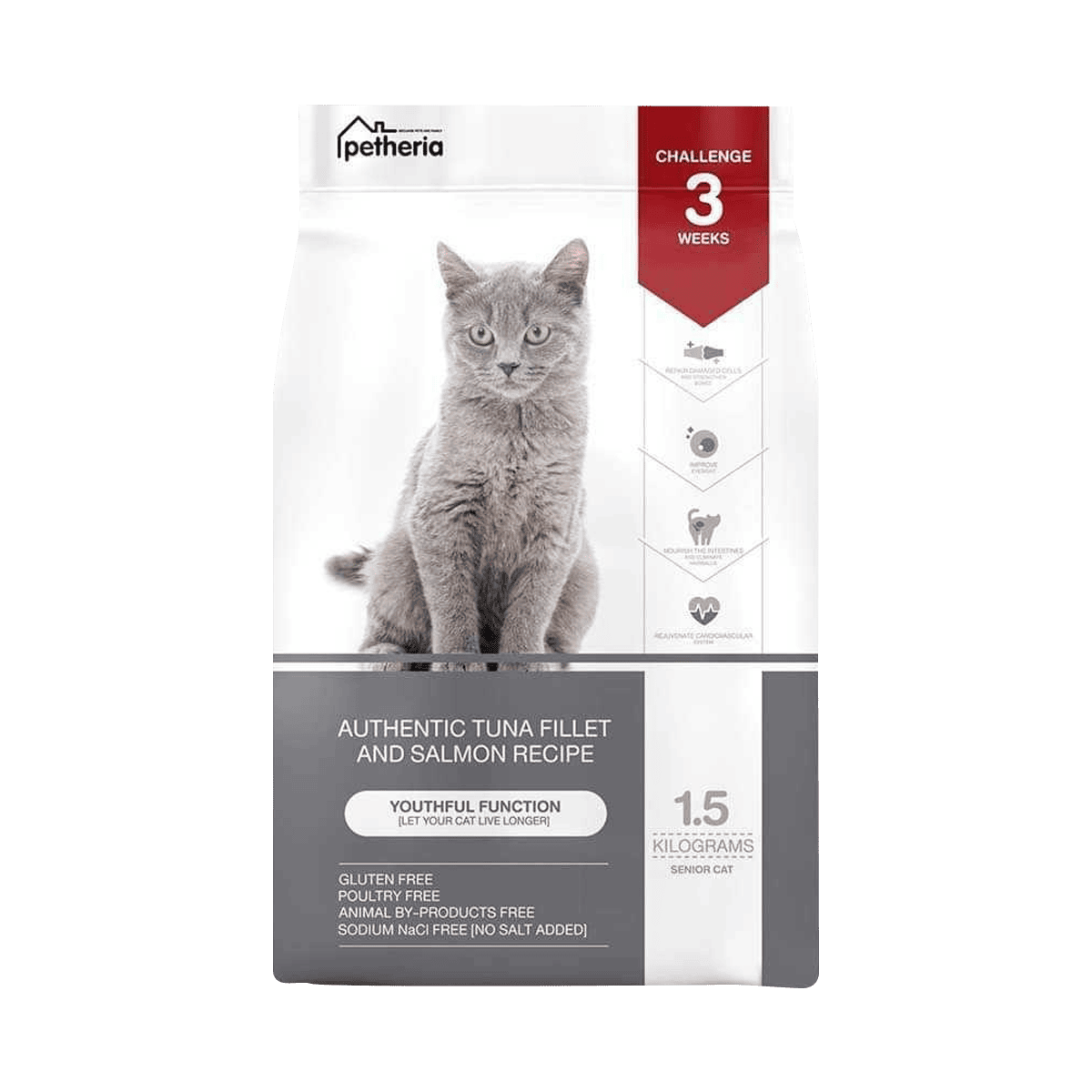 Petheria Innovation Cat Food อาหารแมวพรีเมียม ทำจากปลาทูน่าทั้งตัว ไม่ใส่เกลือ ขนาด 400G | อาหารแมวเกรดพรีเมียม โปรตีนสูง ย่อยง่าย สุขภาพดี
