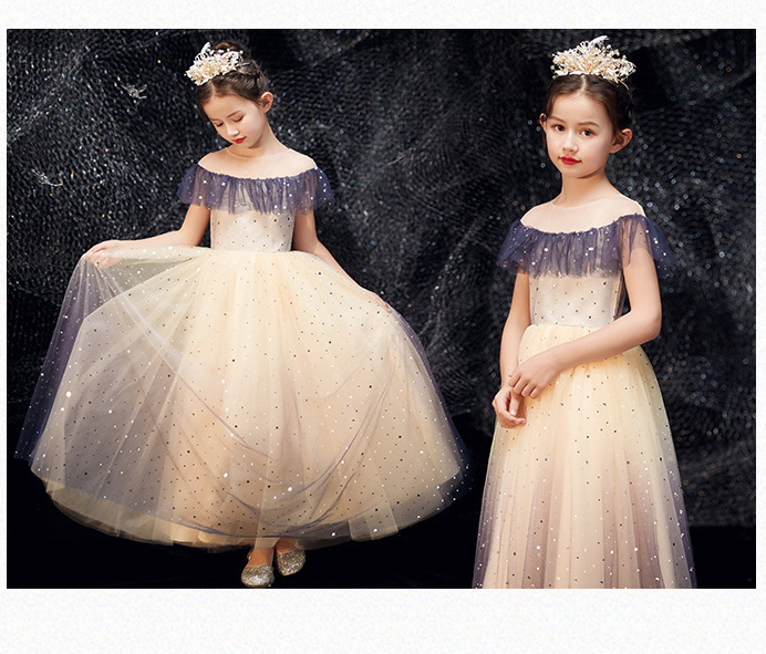 Gd37191 พร้อมส่งจากไทย ชุดราตรีเด็กสีครีม ชุดออกงานเด็กหญิง ทรงยาวพองฟูสวยหรู ติดตกแต่งเกล็ดดาวเล็กๆ ตลอดตัว มีแขน