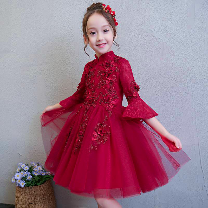 Gd3563- พร้อมส่ง ชุดราตรีเด็กสีแดงเข้ม ชุดออกงานเด็กหญิง ชุดกระโปรงเด็กทรงสั้น แขนยาว แขนและไหล่ซีทรูเบาสบาย ชุดการแสดงเด็ก