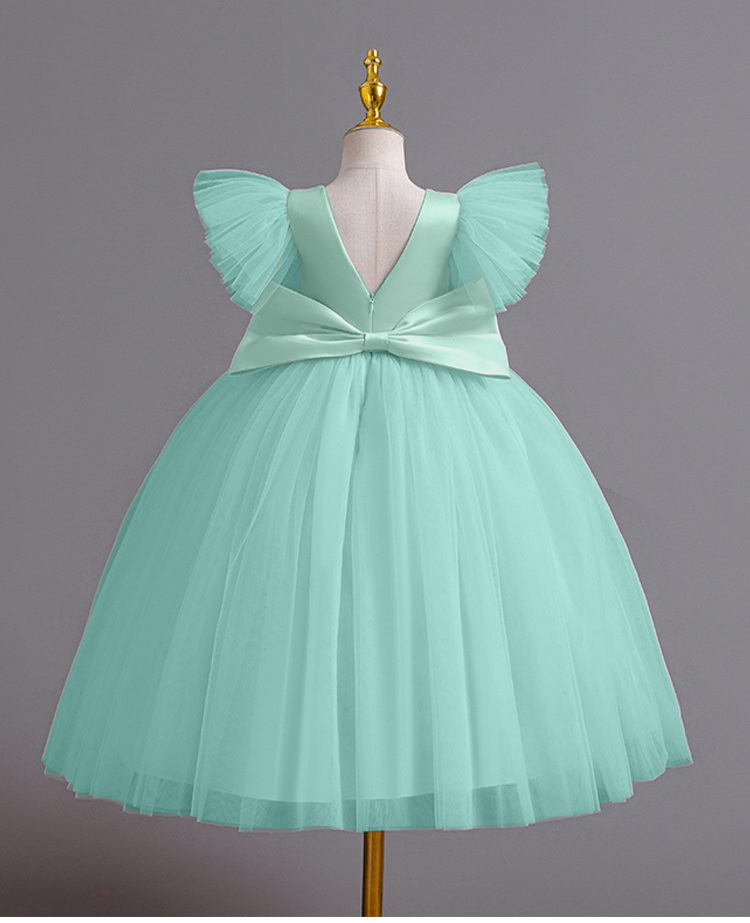 Gd4209- พร้อมส่งจากไทย ชุดออกงานเด็กหญิงสีเขียว เอวคาดมุกสวย โบว์ใหญ่ด้านหลังถอดได้ ชุดราตรีเด็กทรงยาว ชุดออกงานการแสดง