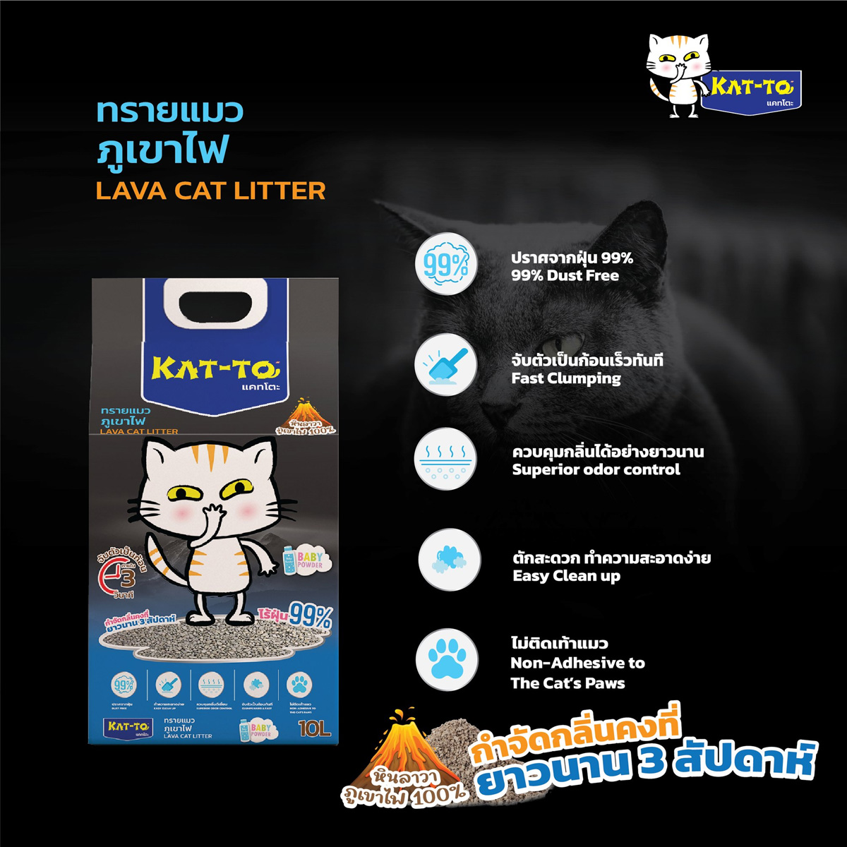 KAT-TO แคทโตะ ทรายแมวภูเขาไฟ กลิ่นหอมแป้ง ขนาด 10 L