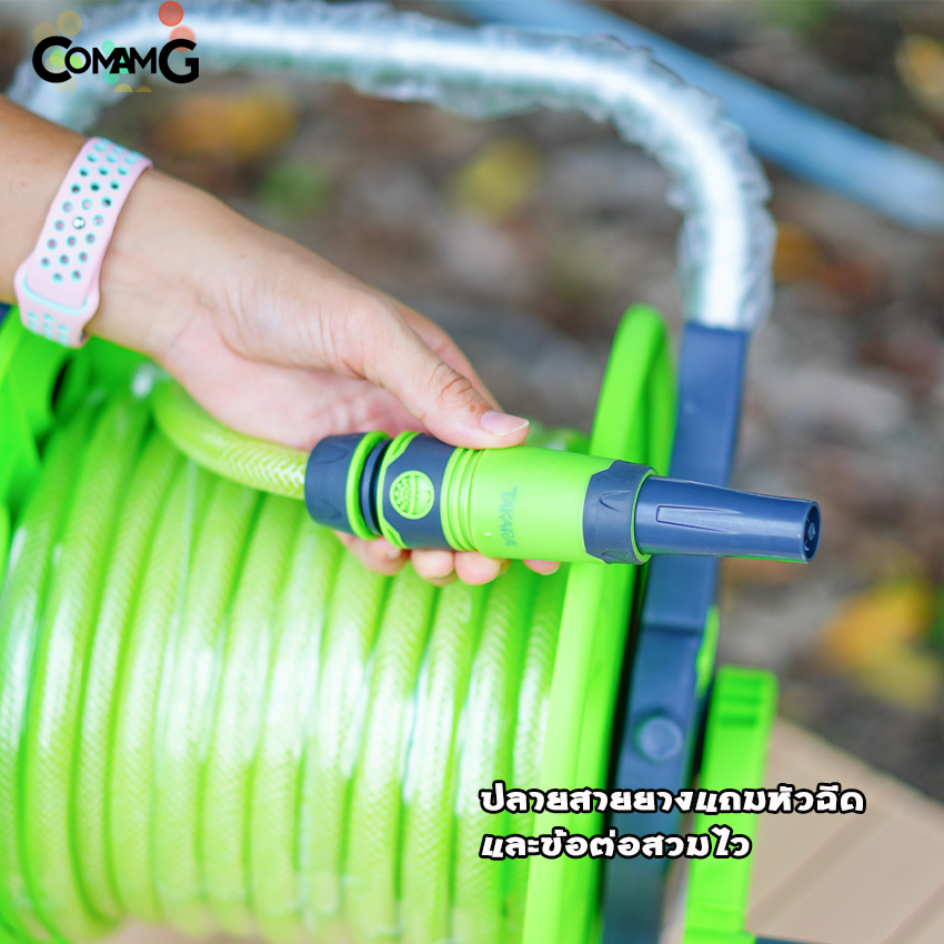 โรลเก็บสายยาง พร้อมสายยางฉีดน้ำ รดน้ำต้นไม้ สายใยเชือก ขนาด4หุน 20เมตร ยี่ห้อ Takara รุ่นดาเลีย