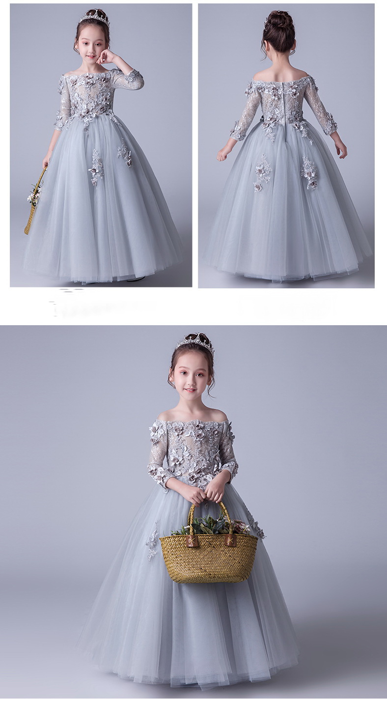 Gd32764 พร้อมส่งชุดเดรสออกงานเด็กสีเทาแขนยาว ทรงยาวแบบเปิดไหล่สุดหรูกระโปรงพองฟูสวย แขนซีทรู