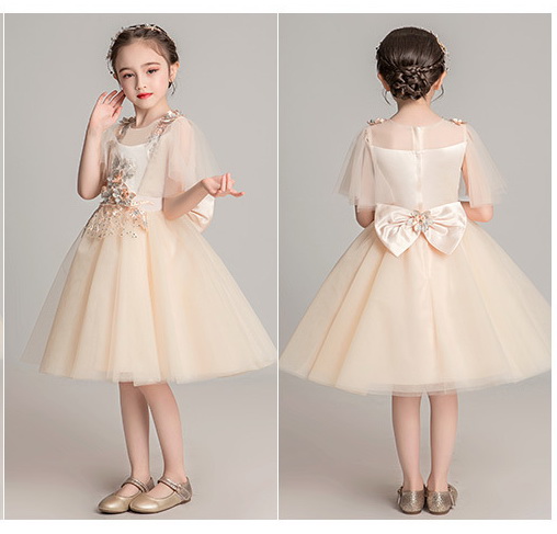 Gd3605- พร้อมส่งจากไทย ชุดราตรีเด็กสีครีมสีน้ำตาลออกสีทอง สวยหรู ชุดออกงานเด็กหญิงทรงสั้น มีแขน
