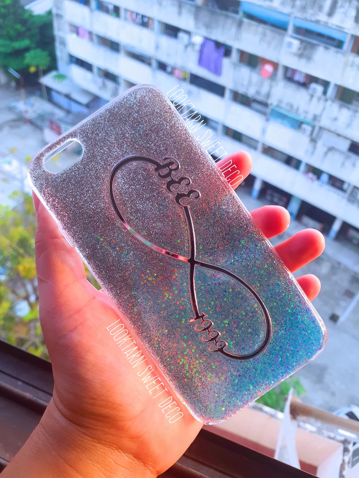 เคสกากเพชรสีเงิน ฟ้าอ่อน อักษรสีกระจกเงิน