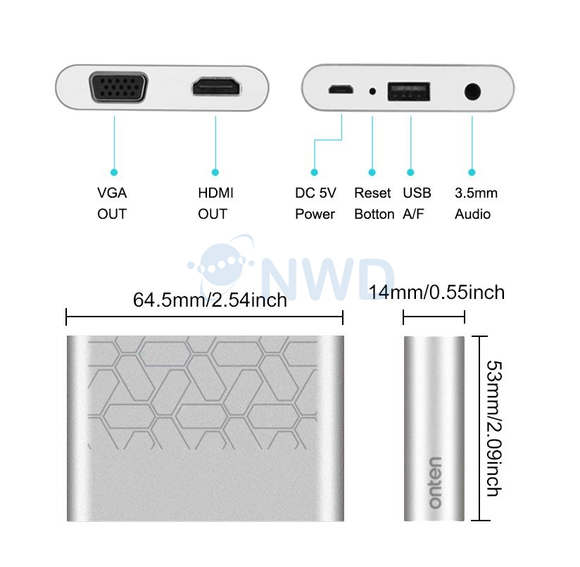 ตัวแปลงสัญญาณ OTN รุ่น 9167 (HDMI+VGA+Headphone+USB+Micro USB)