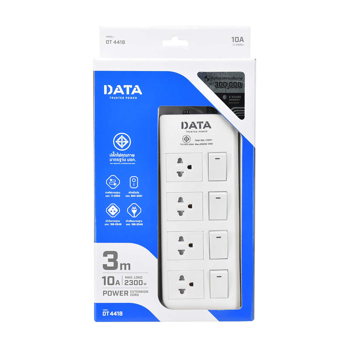 DATA ปลั๊ก มอก. 4ช่อง 4สวิตซ์ เต้าเดี่ยว สาย 3เมตร VCT 3x0.75 DT4418 3M