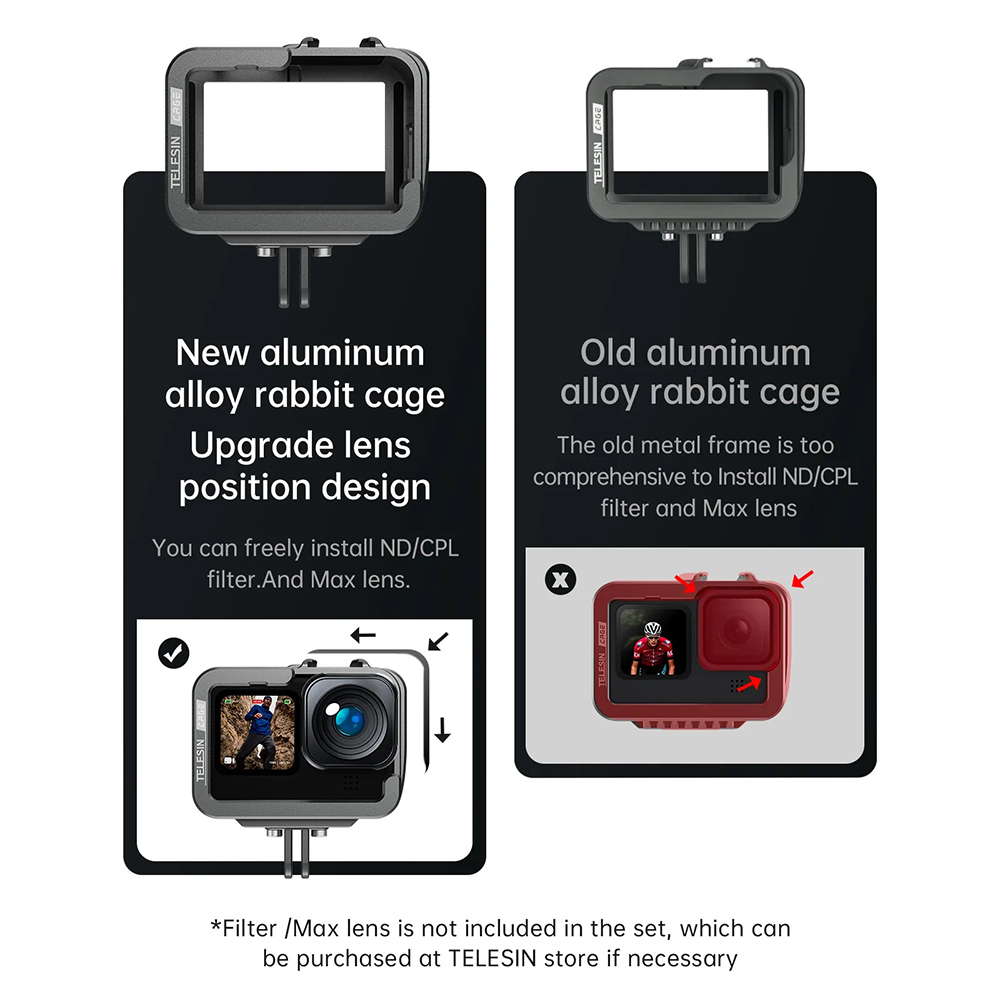GoPro 11 / 10 / 9 New Telesin Aluminum House Cage Suitable With Max Lens and Lens Filter