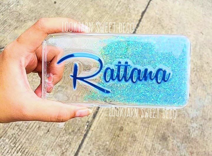 เคสกากเพชรสีฟ้า ไล่ใส อักษรสีกระจกฟ้า