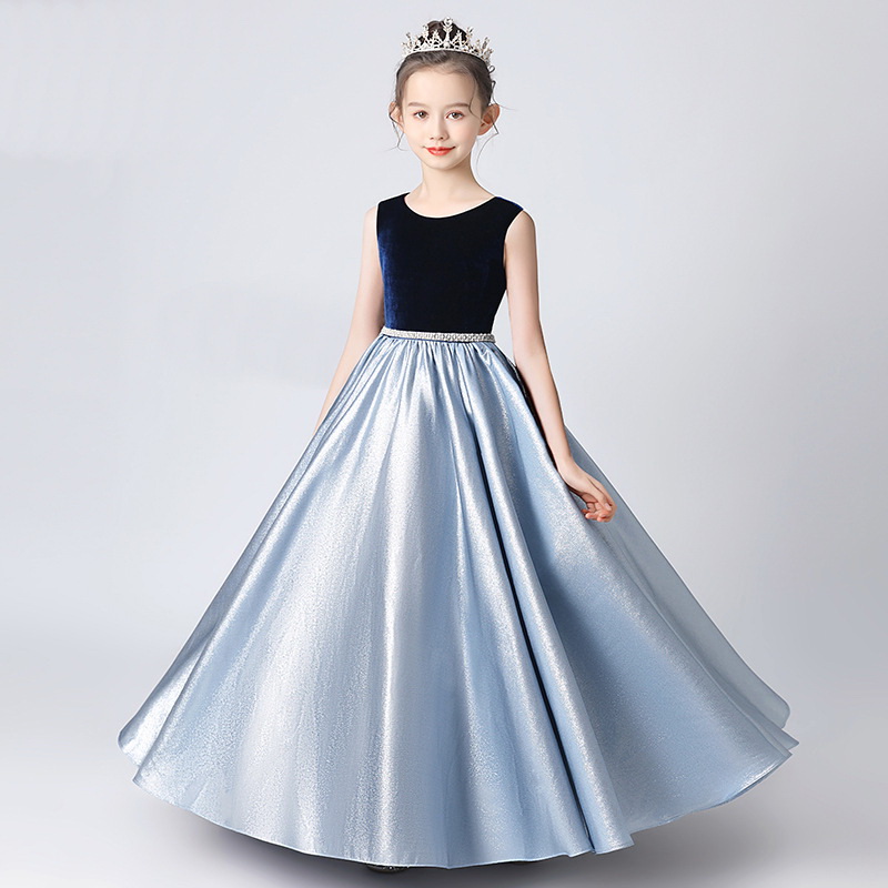 Gd4035- พร้อมส่งจากไทย ชุดออกงานเด็กหญิงสีน้ำเงิน-ฟ้าเทาเงิน สีทูโทน ผ้าสวยเรียบหรูดูสง่างาม ชุดราตรีเด็กทรงยาว ชุดออกงานการแสดง