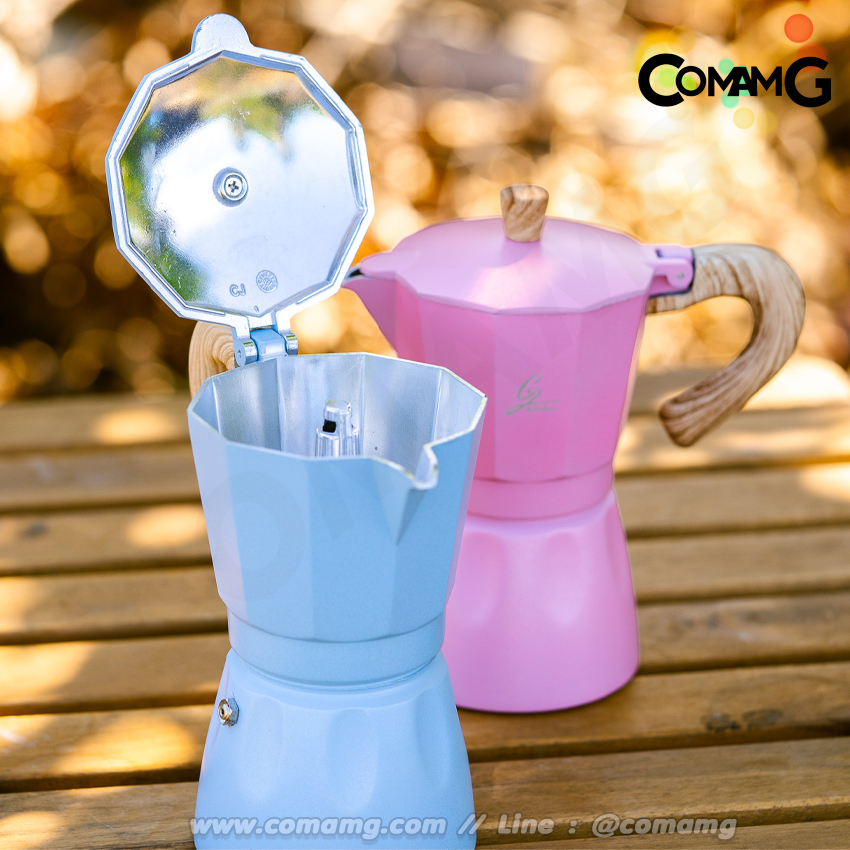 Moka Pot กาต้มกาแฟสดพกพา Fancy หม้อต้มกาแฟ ทรงแปดเหลี่ยม หูจับลายไม้