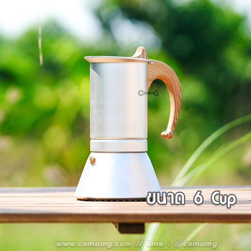 Moka Pot หม้อต้มกาแฟสด induction ขนาด 3คัพ 6คัพ หูลายไม้