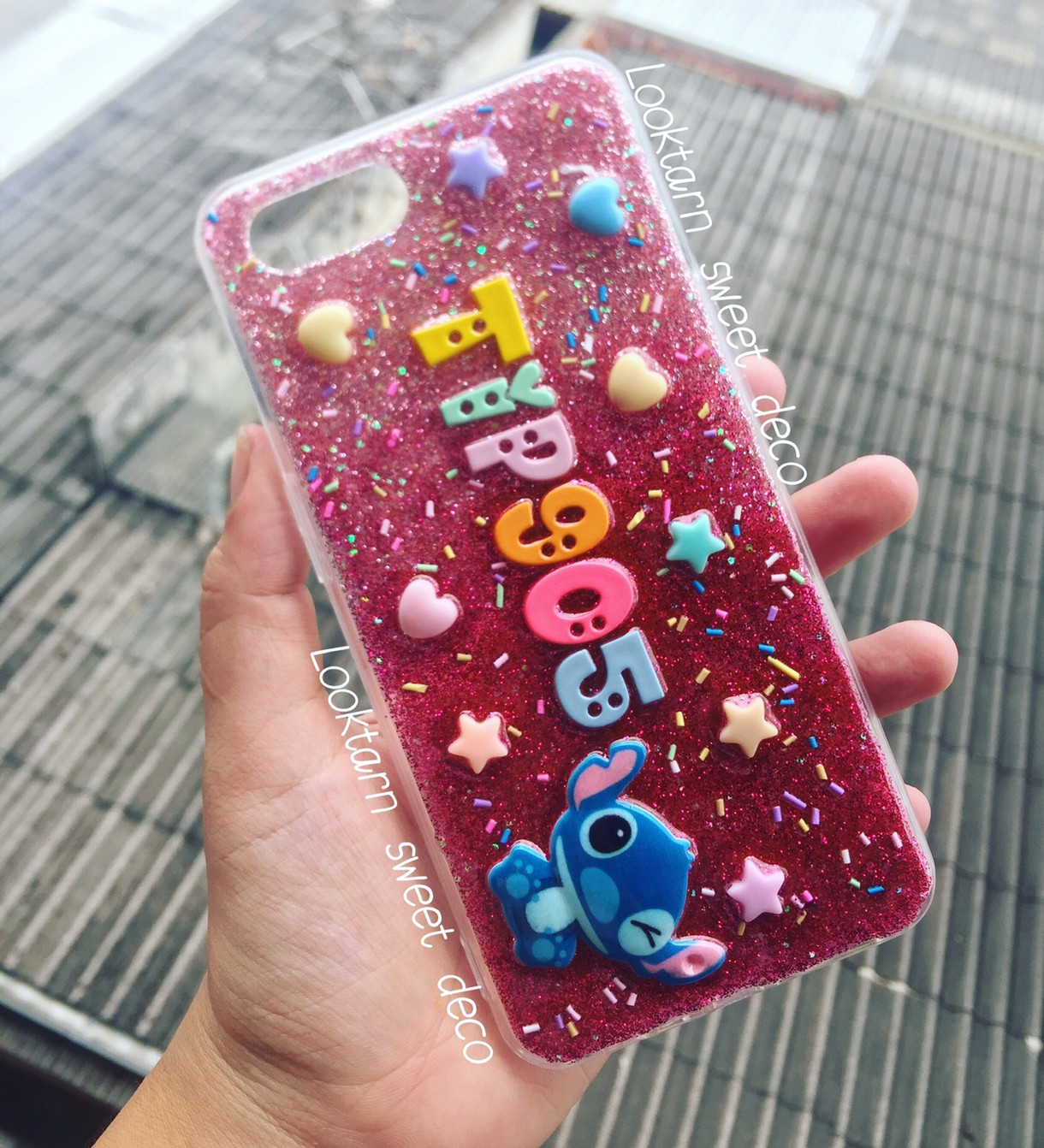 เคสกากเพชรสีชมพูเข้ม สีม่วงบานเย็น อักษรคละสี