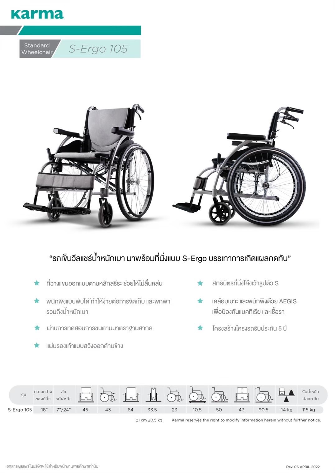 รถเข็นอลูมินัมอัลลอยด์คาร์ม่า รุ่น S-Ergo 105 (WheelChair KARMA S-Ergo 105) เบาะหนานุ่มสีเทาเท่ห์ นั่งสบายสไตล์เบาะรูปตัว S-Shape ของแท้ รับประกันศูนย์ไทย 5 ปี