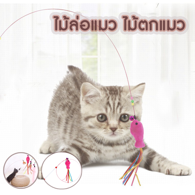 ไม้ล่อแมว ไม้ตกแมว แบบลวดสลิง เป็นของเล่นสำหรับแมวฝึกทักษะ ในการกระโดดและเคลื่อนไหว
