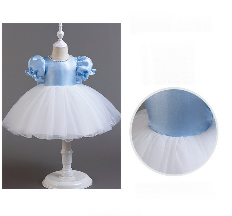 Gd4103- พร้อมส่งจากไทย ชุดออกงานเด็กหญิงสีฟ้า-ขาว ทูโทน ตกแต่งมุกสวยหวาน มีแขนตุ๊กตา โบว์สุดน่ารักแยกจากชุดได้ ชุดราตรีเด็กทรงสั้น