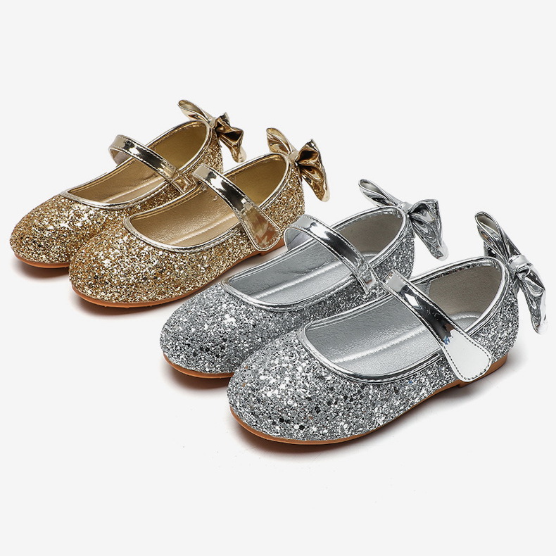 Shoe1506- รองเท้าคัชชูเด็กเล็ก รองเท้าคัชชูเด็กโต ติดโบว์ที่ส้นเท้า ไม่มีส้น กลิตเตอร์ติดแน่น ใส่สบาย (ความยาววัดจากพื้นภายใน ให้ใช้ความยาวเท้า +0.5 cm.แล้วแลือก)