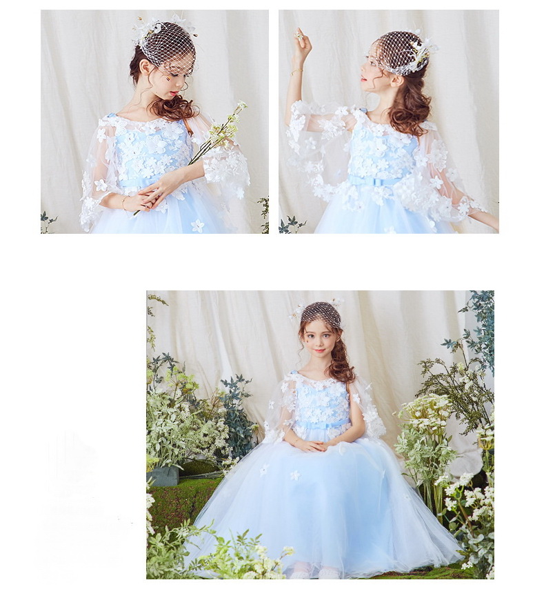 Gd34381 พร้อมส่ง ชุดออกงานเด็กหญิงสีฟ้า ชุดราตรีเด็กทรงยาว ปักตกแต่งสวย กระโปรงหลายชั้นฟูสวย