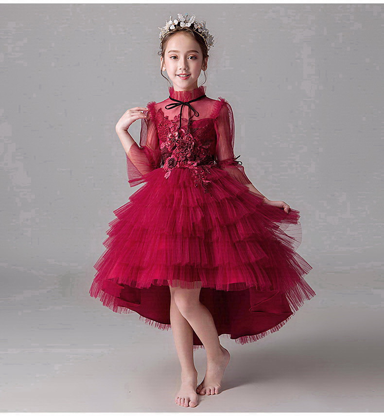 Gd3600- พร้อมส่ง ชุดราตรีเด็กสีแดงเข้ม ชุดออกงานเด็กหญิง แขนยาว ทรงหน้าสั่น-หลังยาวพองฟูสวยหรู แนววินเทจผู้ดีอังกฤษ