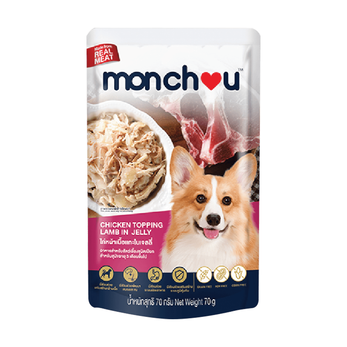 MONCHOU POUCH DOG มองชู อาหารเปียกสุนัข 70g x 12 ซอง สูตรไก่ ตับไก่ ผักรวม อร่อย ย่อยง่าย สำหรับสุนัขทุกสายพันธุ์