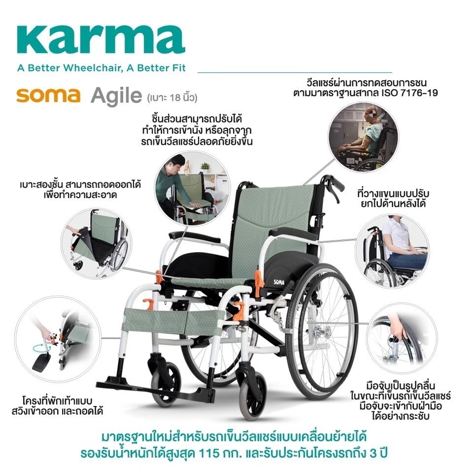 รถเข็นอลูมินัมอัลลอยด์โซม่า SOMA รุ่น Agile เบาะกว้าง 18 นิ้ว สะดวกสบาย ถอดชิ้นส่วนได้ เปิดที่พักแขนขึ้นได้ รองรับน้ำหนักสูงสุด 115 กิโลกรัม ของแท้ รับประกันศูนย์ไทย 3 ปี