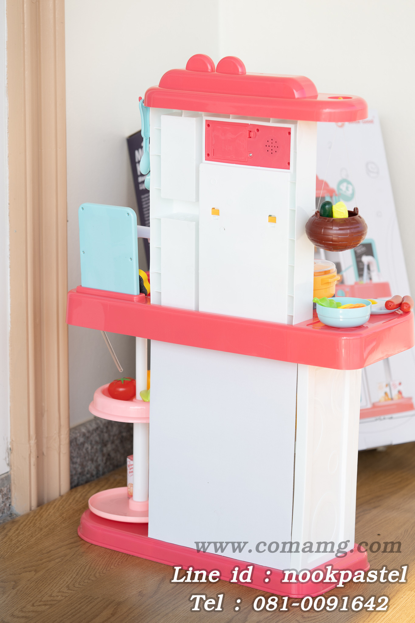โต๊ะครัวสีชมพูพร้อมอุปกรณ์ 43 ชิ้น น้ำไหลได้จริง (เตาแก๊สมีไอน้ำ)